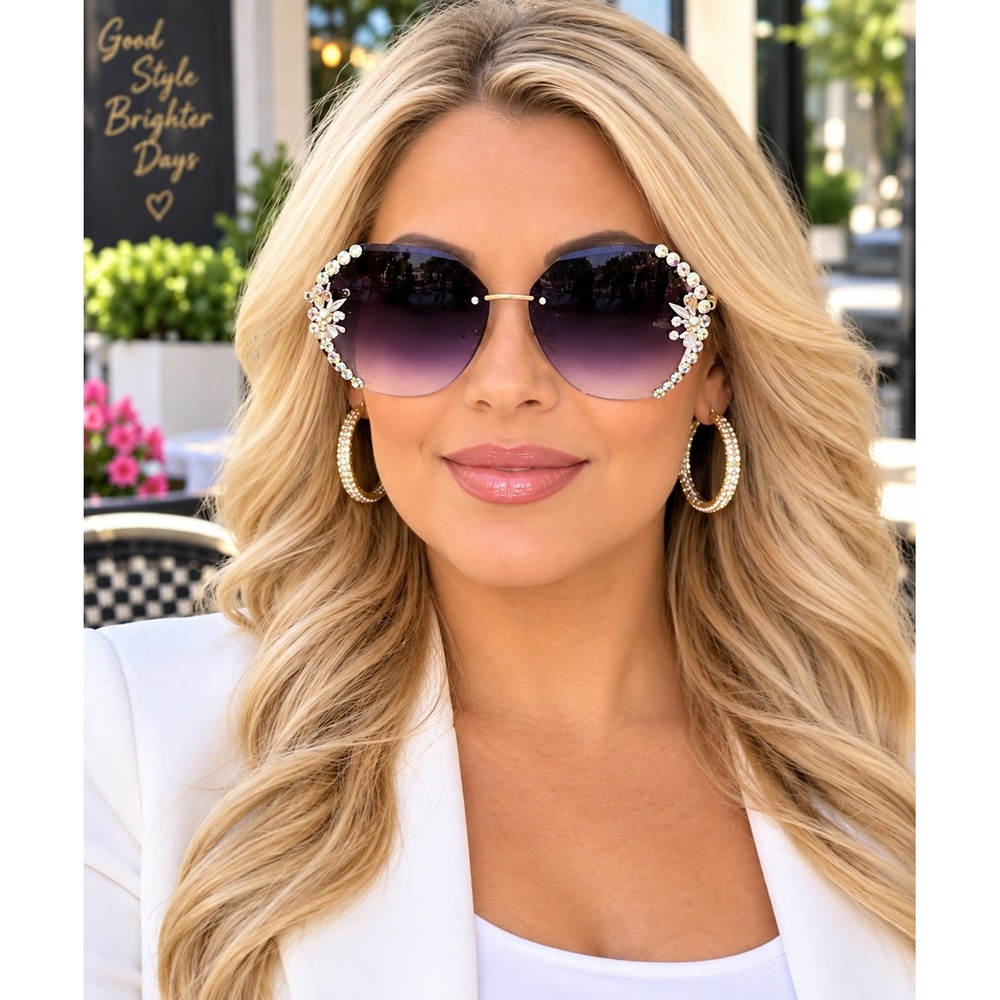 Sunglasses Women Purple Rimless Rhinestone Oversized Shades